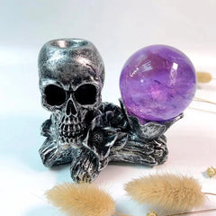 Skull Crystal Ball Stand - Dual Sphere Base & Gothic Resin Pedestal